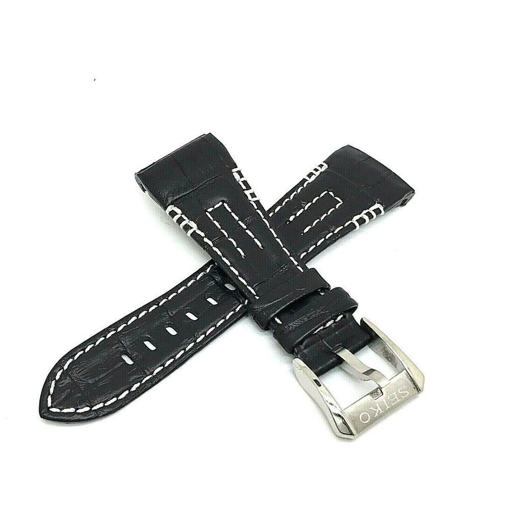 Seiko Men's Watch Replacement Band Black Leather Strap 26mm Lug 8''